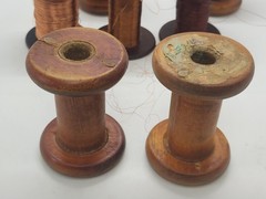 Vintage wooden spools with copper wire, 7 different pieces