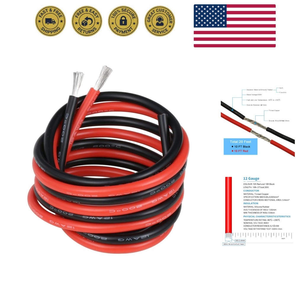 12 Gauge Silicone Wire Kit Red and Black Each 10ft Flexible 12 AWG Stranded T…