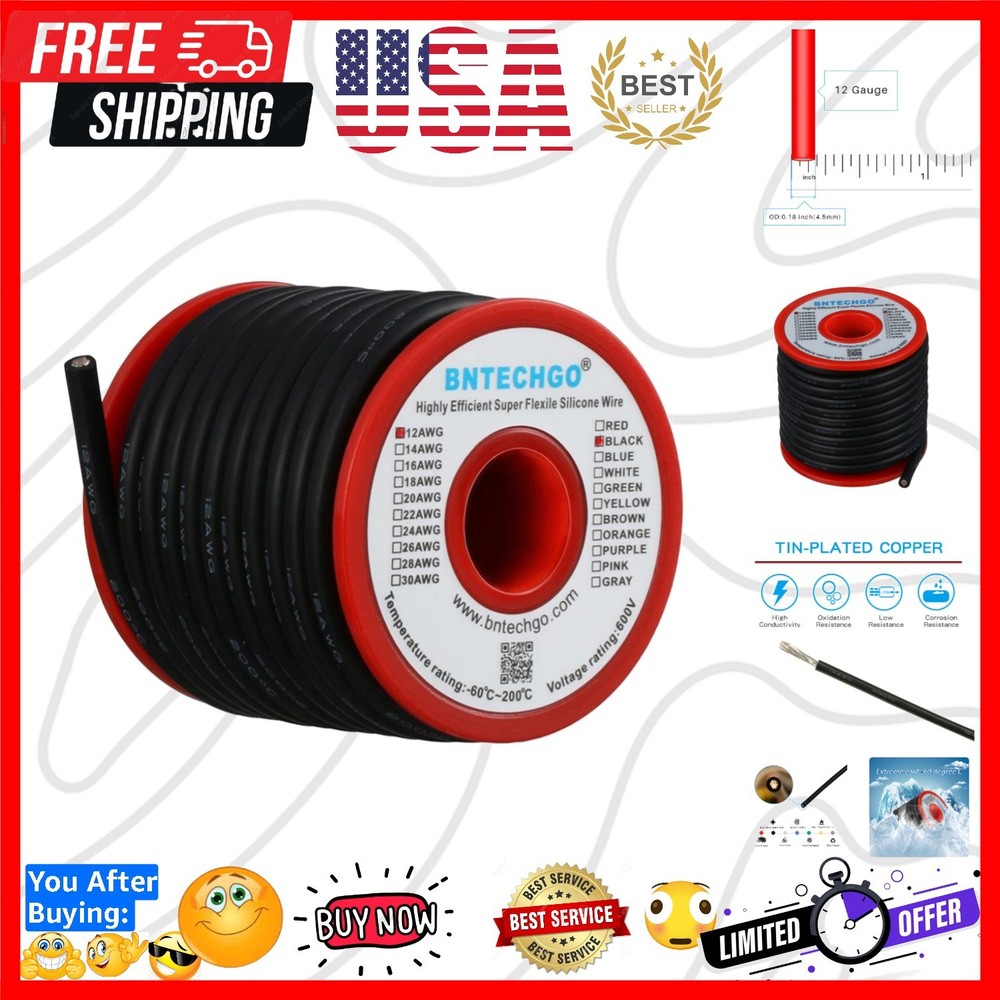 12 Gauge Silicone wire Black spool 25 ft Flexible 12 AWG Stranded Tinned Copp…