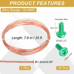18 Gauge 25 ft Bare Copper Ground Wire with 30Pcs #8-32 x 5/16″ Green Screws