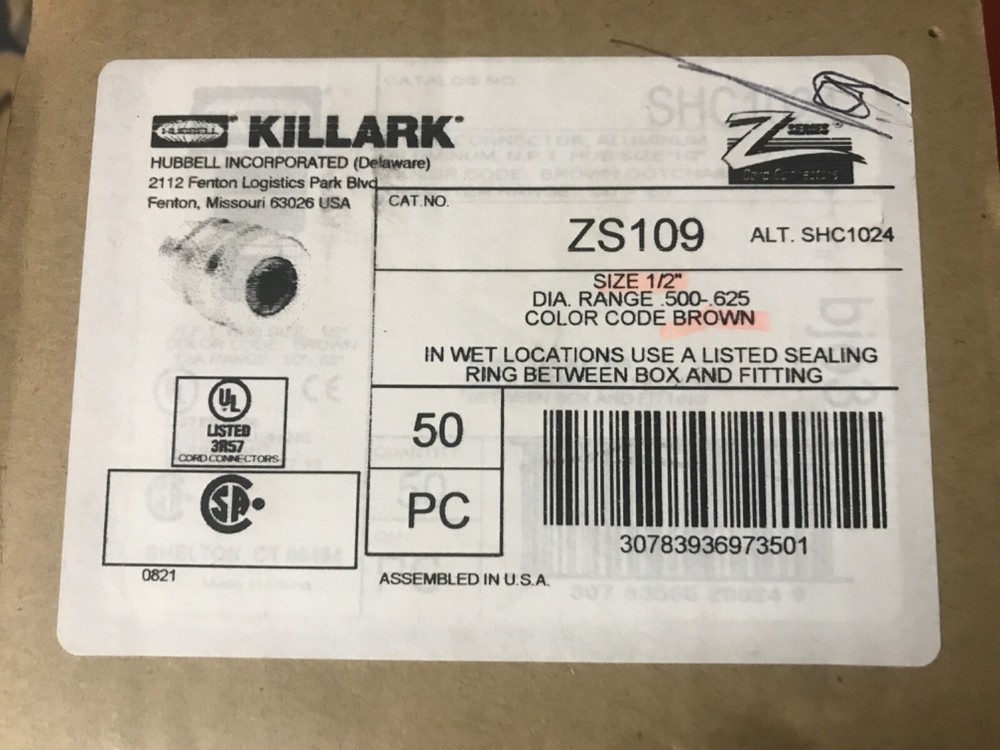 ZS109 Killark Aluminum Cord Connector 1/2 Inch .500-.625 SHC1026 ships from Texa