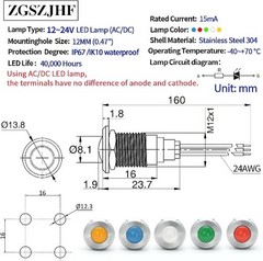 UL Listed Indicator Light 12mm 0.47 Inch LED Lamp 140mm 5.5 Inch Wire 12V 24V