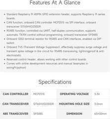 RS485 CAN HAT for Raspberry Pi MCP2515 SN65HVD230 SP3485 UART SPI Module