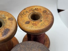 Vintage wooden spools with copper wire, 7 different pieces