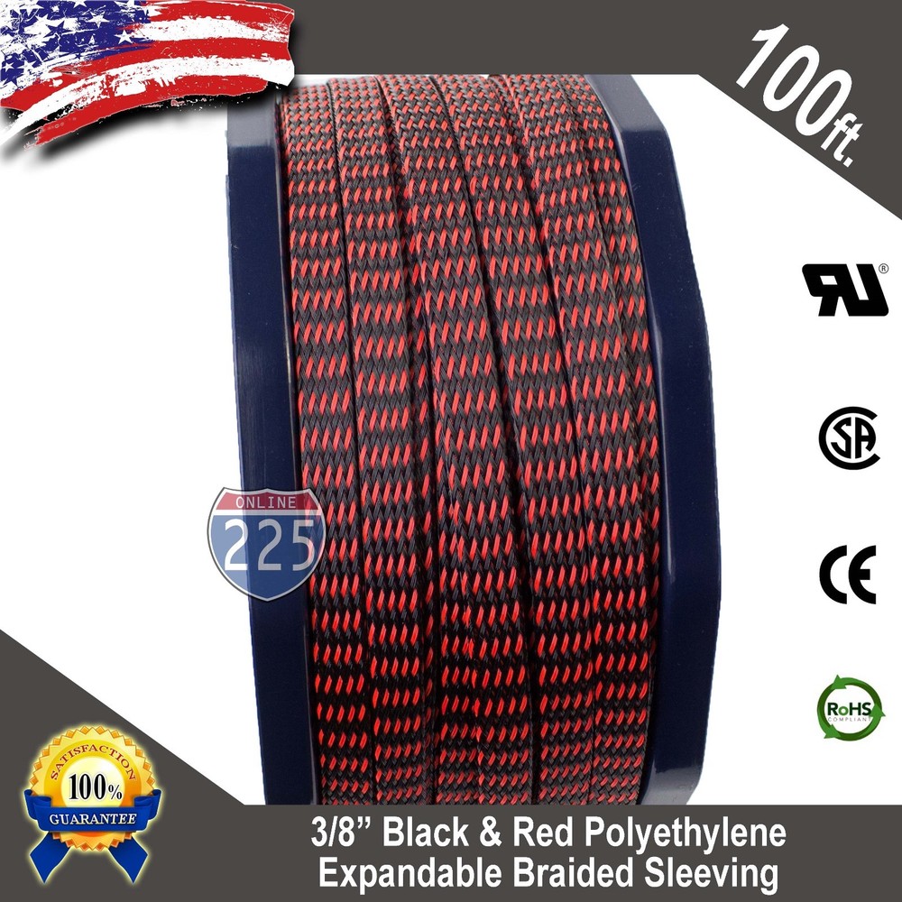 100 FT 3/8″ Black Red Expandable Wire Sleeving Sheathing Braided Loom Tubing US