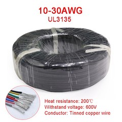 Black 10-30AWG Flexible Silicone Wire Cable, HIGH TMPE 200℃, Tinned Copper Wire