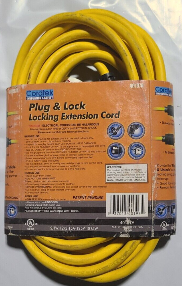 Plug & Lock Locking Extension Cord 12/3 25Ft Free Shipping