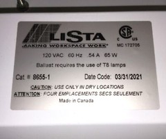 Lista 8655-1 Dual Fluorescent Lamp Workbench Light Fixture, T8 Ballast, 60″ L