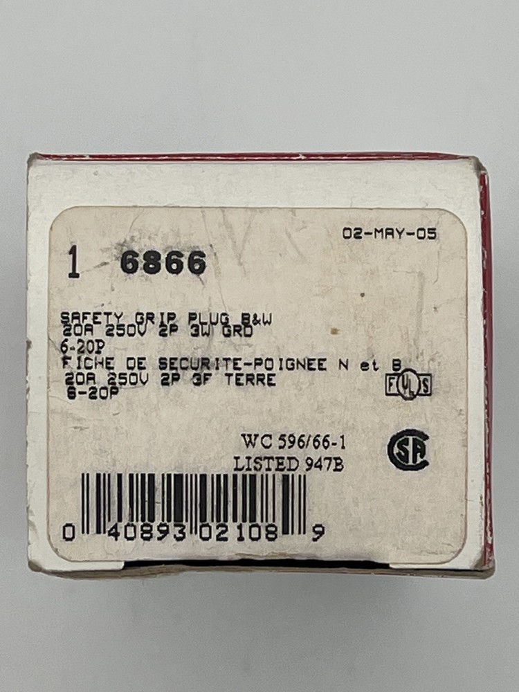 Cooper 6866 NEMA 6-20P Electrical Plug 250V 20A NOS