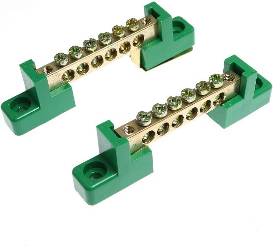 Brass 6 Position Terminal Bus Bar Block, Green Grounding Strip
