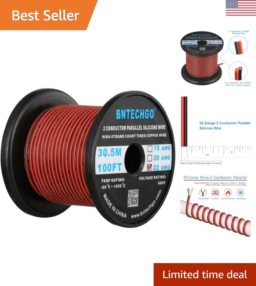 22 Gauge Flexible 2 Conductor Parallel Silicone Wire Spool Red Black High Res…