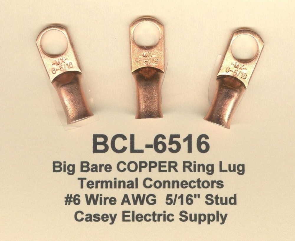 20 Bare Battery Big COPPER Ring Lug Terminal Connector #6 Wire Gauge 5/16″ Stud
