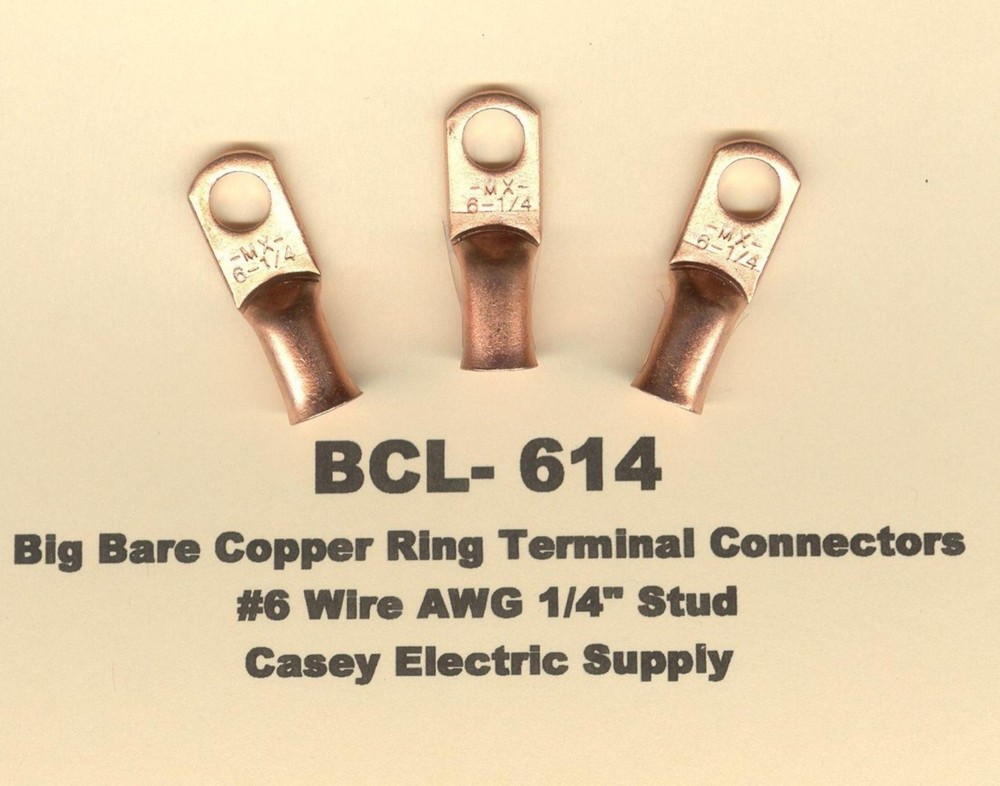 10 Bare Battery BIG COPPER LUG Ring Terminal Connectors #6 Wire Gauge 1/4″ Stud