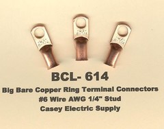 10 Bare Battery BIG COPPER LUG Ring Terminal Connectors #6 Wire Gauge 1/4″ Stud