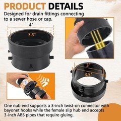 3″ RV Sewer Hose Bayonet to 3″ PVC Adapter with Thread Seal Tape, Black