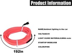 USB Car Neon LED Strip Lights with Sewing Edge, 16FT 5V Interior D Color: Pink