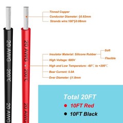 20 AWG Silicone Hook Up Wire – 20 Feet (10ft Black/Red) High Voltage Up to 600V