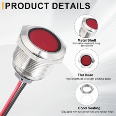 22mm 7/8 LED Indicator Light, Metal Indicator Light, Waterproof IP67, Red