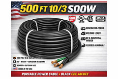 10/3 SOOW Portable Cord 500FT 600V UL CSA Black Flexible Cable USA Made