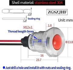 UL Listed Indicator Light 12mm 0.47 Inch LED Lamp 140mm 5.5 Inch Wire 12V 24V