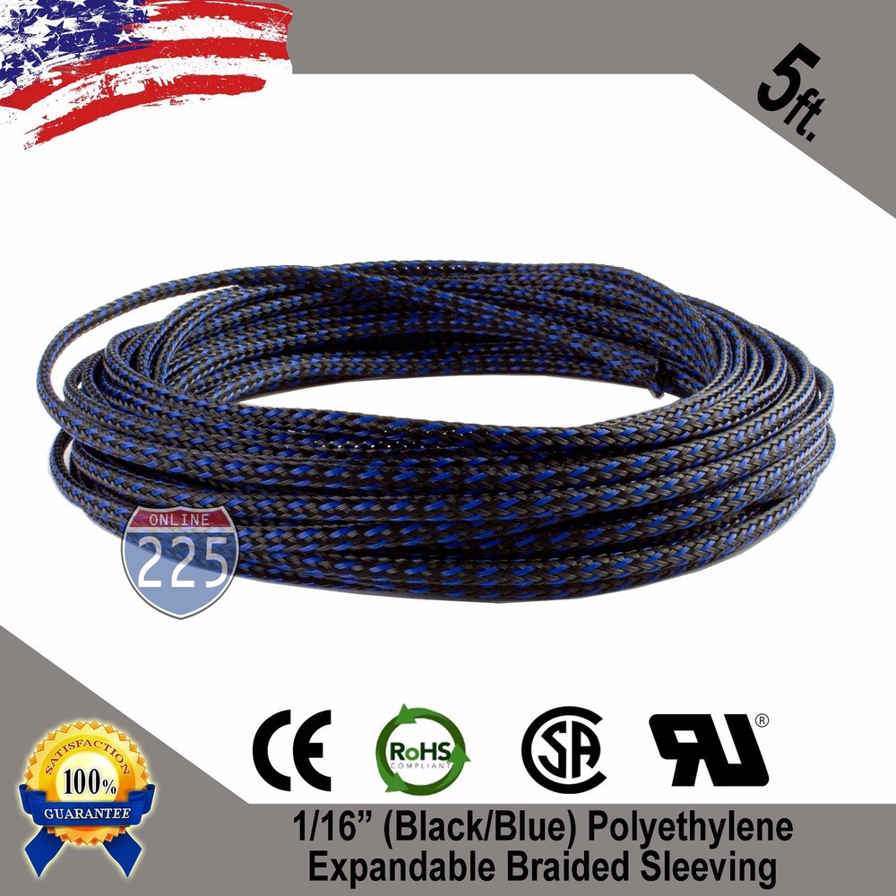 5 FT. 1/16″ Black Blue Expandable Wire Sleeving Sheathing Braided Loom Tubing UL