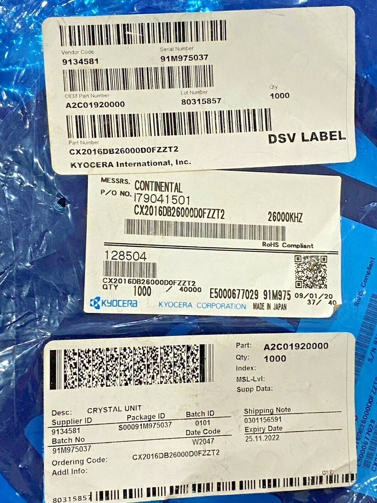Kyocera Crystal Unit 1000x Reel CX2016DB26000D0FZZT2 DC W2047 26000KHZ 91M975