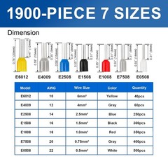 1900pcs Copper Crimp Connector Kit, AWG 22-10 Insulated Ferrules, 7 Sizes 7 Colo