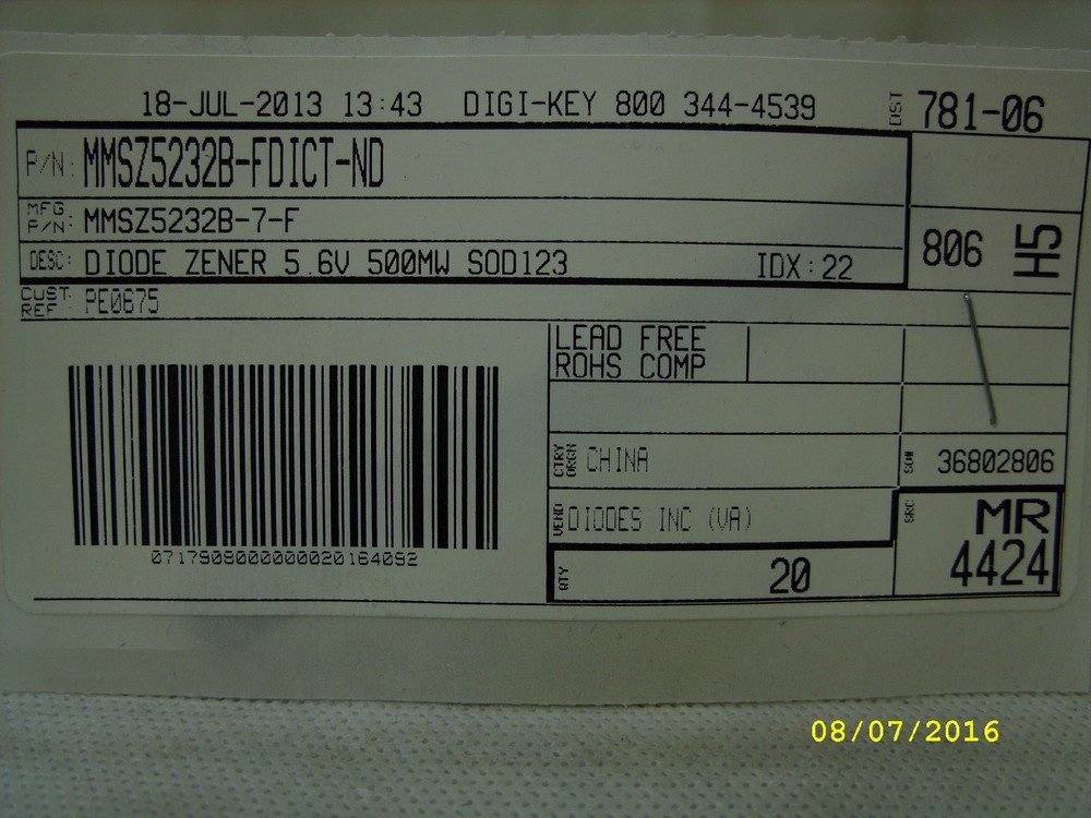 (20) DIODES INC – MMSZ5232B-7-F Zener Diode 5.6V 500mW ±5% Surface Mount SOD-123