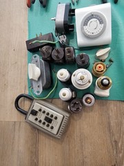 Vintage Electrical Parts & Hardware Lot – Wall Timer, Switches, Lamp Sockets, Pl