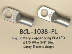 10 Big TIN PLATED Copper Ring Lug Terminal Connector #1/0 Wire Gauge 3/8″ Stud