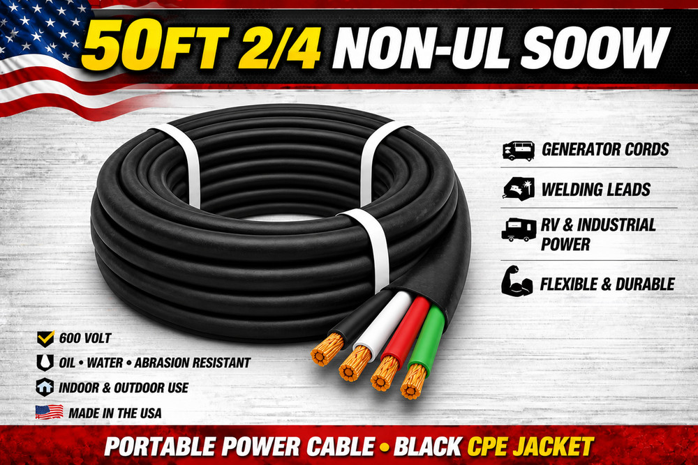 2/4 SOOW Portable Cord 50FT 600V Non UL Black Flexible Cable USA Made