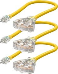 3 Pack 12/3 Tri Tap Extension Cord 24in Heavy Duty 15A LED Plug Yellow