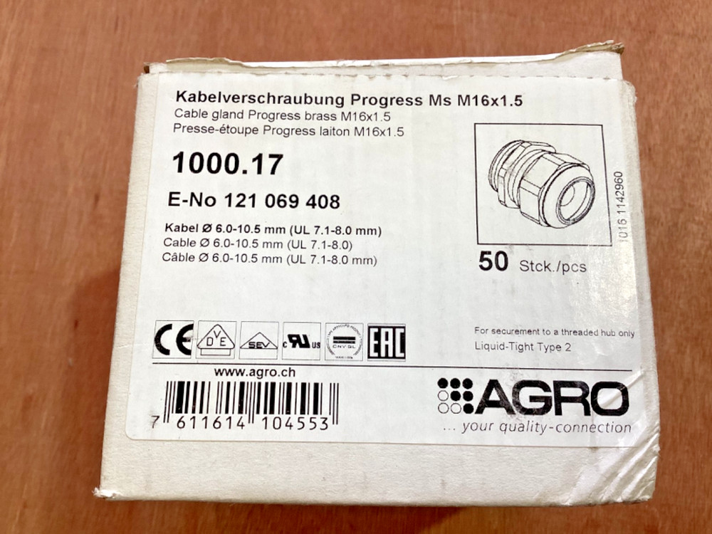 Agro 1000.17 Nickel Plated Brass M16 x 1.5 Cable Glands (Box of 37)