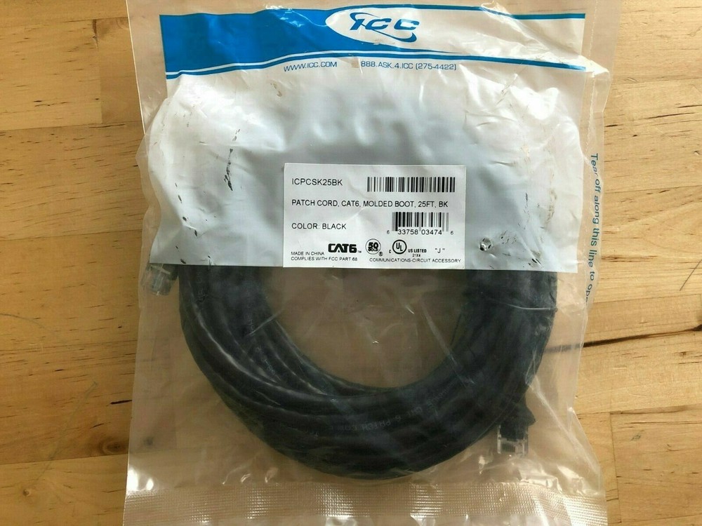 Icc Patch Cord, CAT6 Booted, 25′ – Black ICPCSK25BK New