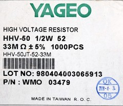 YAGEO 1000x Metal Film Resistors 33MkΩ 3300000000 Ohm Tolerance 5% Model HHV-50