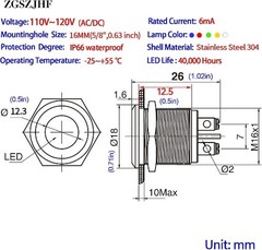 16mm Indicator Light LED AC DC 110V 120V 304 Stainless Steel Indicator Light