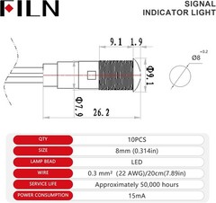 10PCS 110V LED Indicator Light 8mm 5/16 IP67 Waterproof Low Power IndicatorGreen