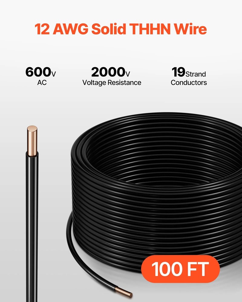 12 AWG Solid THHN Wire, 100% OFC Copper Electrical Building Wire with Nylon Jack
