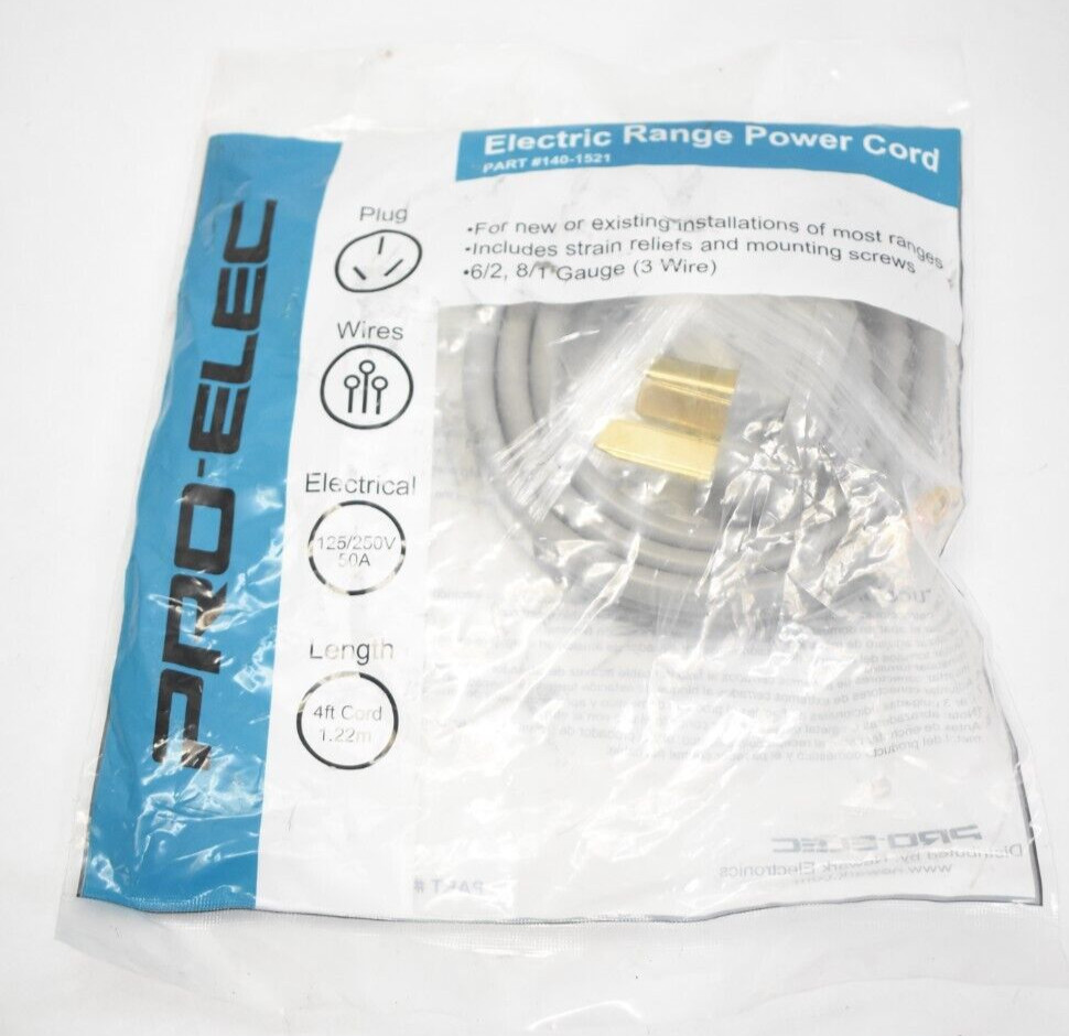 Pro Elec 140-1521 Electric Range Power Cord 125/250V 50A 4 ft 8/1 Gauge 3