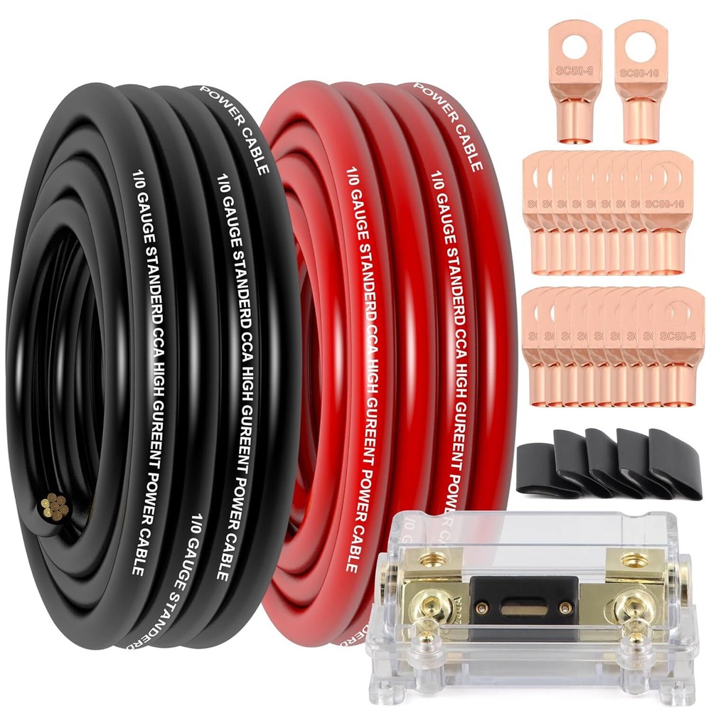 1/0 Gauge Wire(20ft Each – Red/Black) Copper Clad 20FT+20FT+250A Fuse