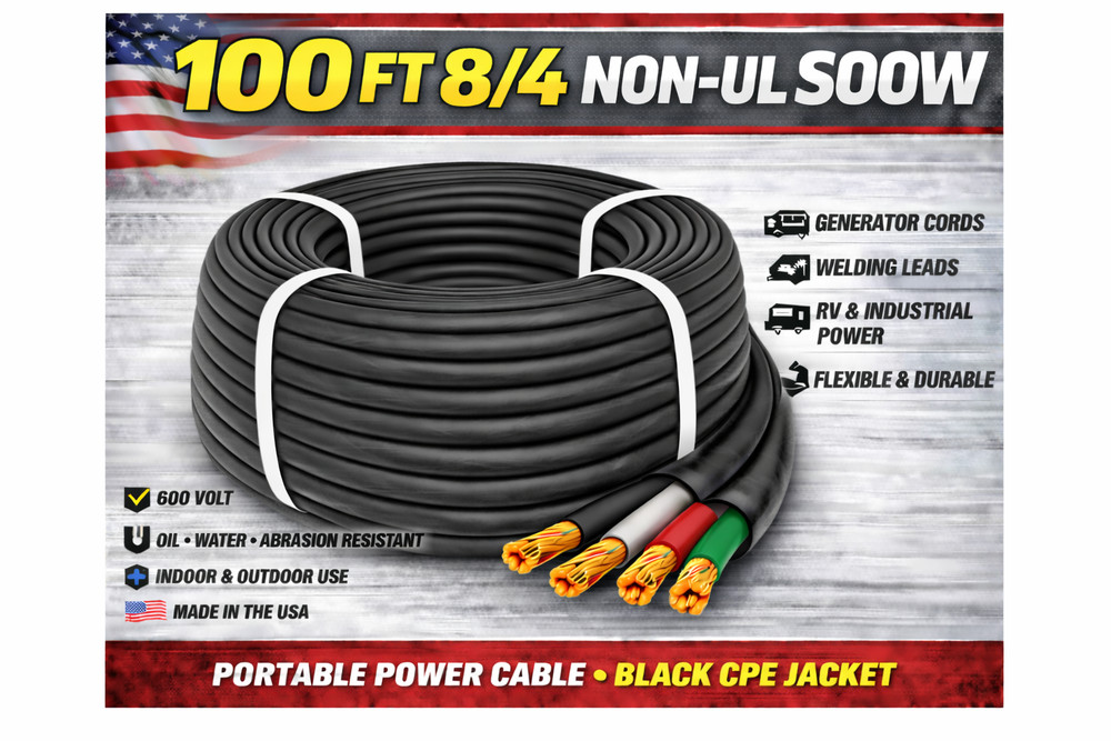 8/4 SOOW Portable Cord 100FT 600V Non UL Black Flexible Cable USA Made