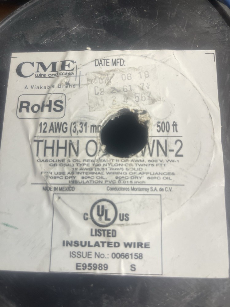 CME 3, 31 MM2 Solid approxima 165” THHN/THWN Type T90 UL Listed Black CMC 12 AWG