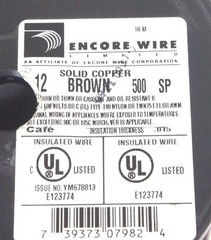 NEW ENCORE WIRE YM678813 12 AWG BROWN SOLID COPPER WIRE 500FT E123774