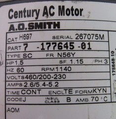 A.O. SMITH H697 7-177645-01 CENTURY AC MOTOR 1.5HP TYPE SC 3PH 1140RPMM **XLNT**