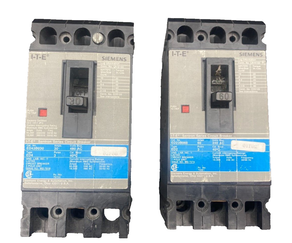 Siemens I-T-E Ed2 Ed23B060 Sentron Series Circuit Breaker 60A 240VAC 3 Poles X1P