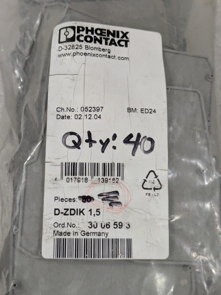Phoenix Contact D-ZDIK 1,5 3006593 Terminal Block End Cover Partition Bag of 40