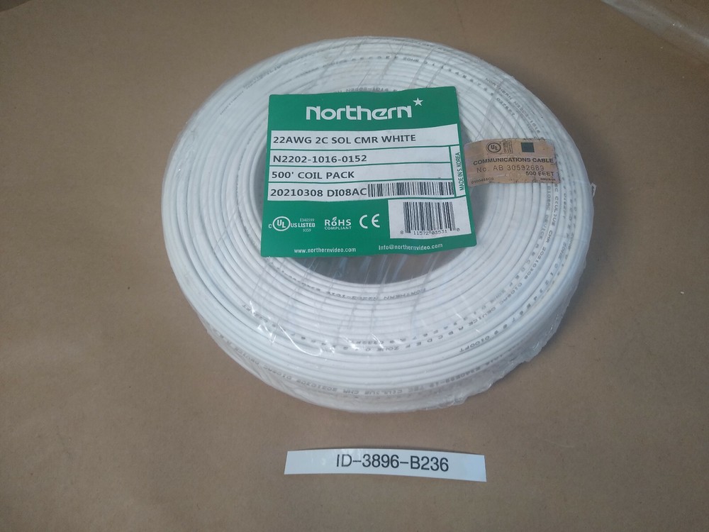 Northern 22AWG 2C Stranded BC PVC Unshielded CMR White 500′ N2202-1006-0152