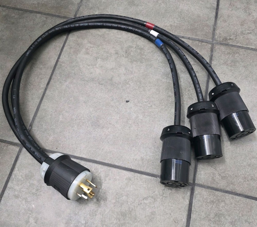 L21-30 to 3x L6-20 Splitter Power Cord 20A, 250V, 12/3 Hubbell.