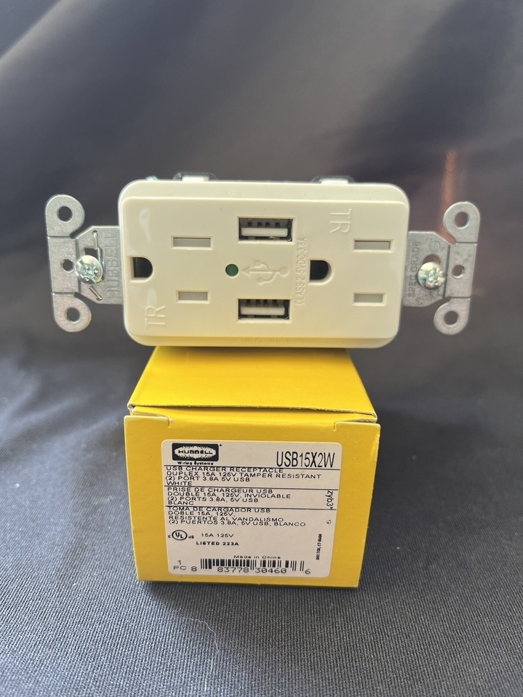 Hubbell USB15X2W USB Charger Receptacle Duplex 15A/125V 2 Port 3A/5V USB White