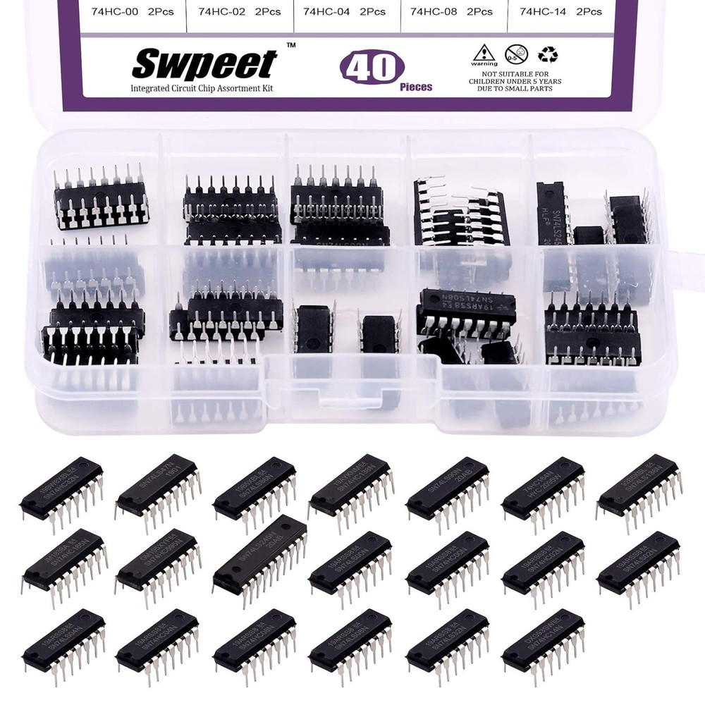 Swpeet 40Pcs 20 Different Types 74HCxx and 74LSxx Series Logic IC Assortment Kit